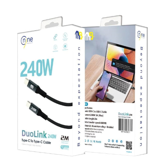 Nine 240W Duolink Καλώδιο φόρτισης δεδομένων USB-C σε USB-C - Μαύρο 2M