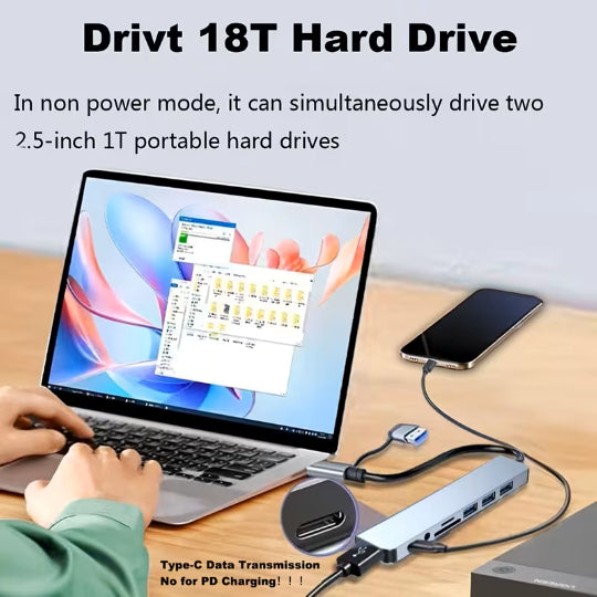8-In-2 Multi-Function Hub, USB & TYPE-C Ports, Featuring USB 3.0 + USB-C + SD/TF + 3.5Mm Audio.