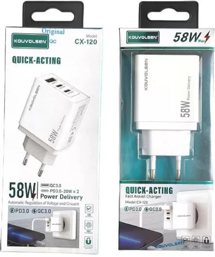 Wireless Charger with USB-A Port & 2 USB-C Ports 58W Quick Charge 3.0 White Kouvolsen CX-120