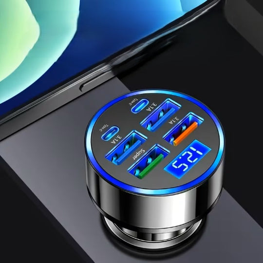 Fast Charging Car Adapter with 6 Ports 4 USB Ports & 2 Type-C Ports a Digital Screen 3.1A Rapid Charging