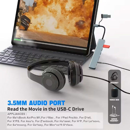 8-In-2 Multi-Function Hub, USB & TYPE-C Ports, Featuring USB 3.0 + USB-C + SD/TF + 3.5Mm Audio.