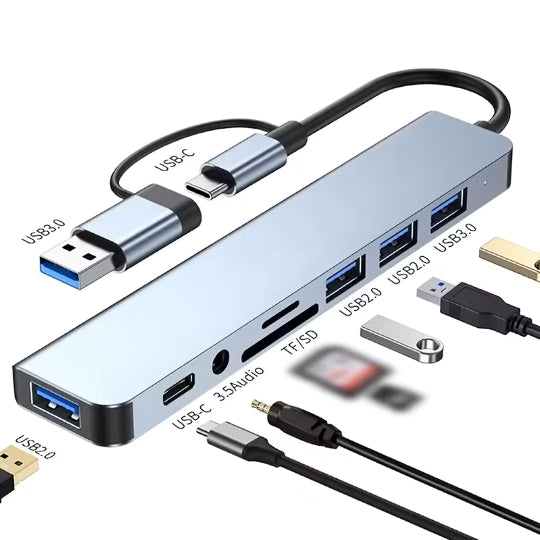 8-In-2 Multi-Function Hub, USB & TYPE-C Ports, Featuring USB 3.0 + USB-C + SD/TF + 3.5Mm Audio.