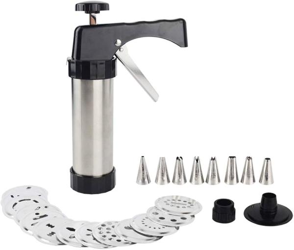 Cookie Press,Stainless Steel Icing Decoration Press Gun Kit with 13 Cookie Mold Discs 8 Piping Nozzles for Home DIY Biscuit Maker and Cake Decorating Tool