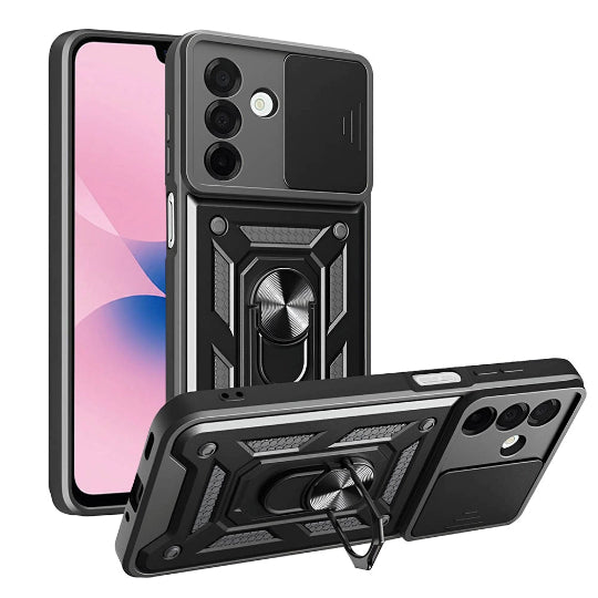 Hybrid Hard Ring Holder Kickstand Slide Camera Lens Protector Cover for Samsung Galaxy A27 Black