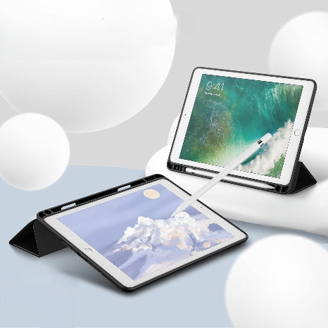 Jtech Slim TPU Back Trifold Stand Tablet Book Cover Case with Pencil Holder for iPad 9.7" 6th / 5th Generation 2018 / 2017 (Black)