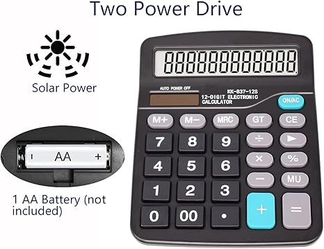 Calculators, KK-837-12S Standard Function Desktop Calculator, 12 Digit Large LCD Display, Battery and Solar Powered