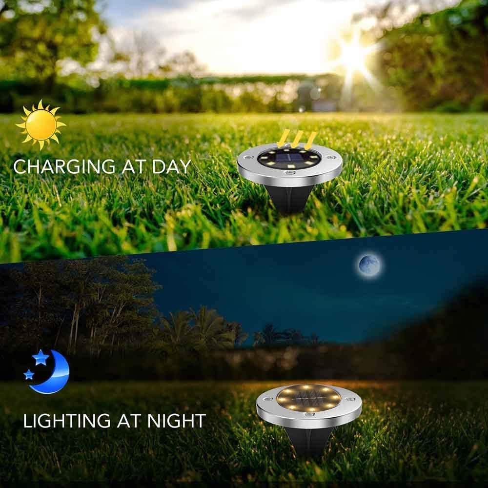 8 LED Bulbs Solar-Powered Auto On/Off Outdoor Lighting, Waterproof Rust-Free Staineless Tops for Landscape 