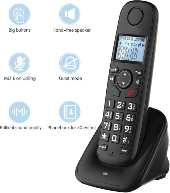 D1001 Cordless Speaker Phone 1.6‘’ Amber LCD Display, Caller ID, Big Buttons, Speakerphone (Black)