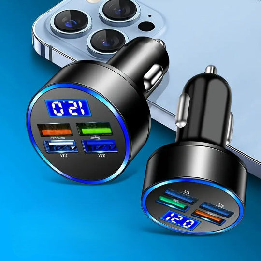 4-in-1 Fast Car Charger Adapter with Digital Display 4 USB Ports Compatible Car Charger