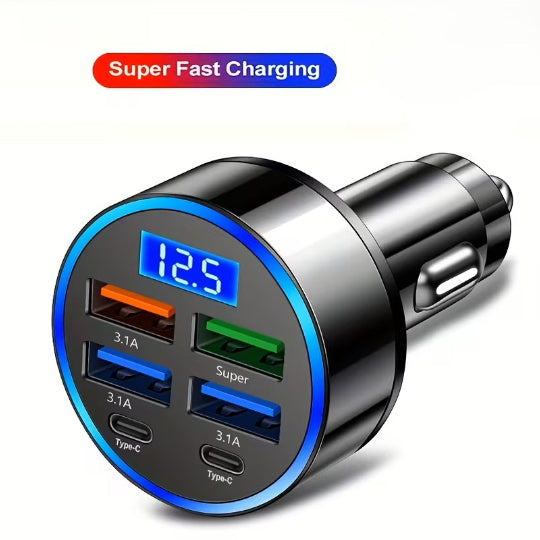 Fast Charging Car Adapter with 6 Ports 4 USB Ports & 2 Type-C Ports a Digital Screen 3.1A Rapid Charging