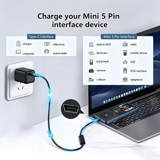 0.5-meter Mini 5Pin to Type-C OTG Data Cable, Supporting Charging Black