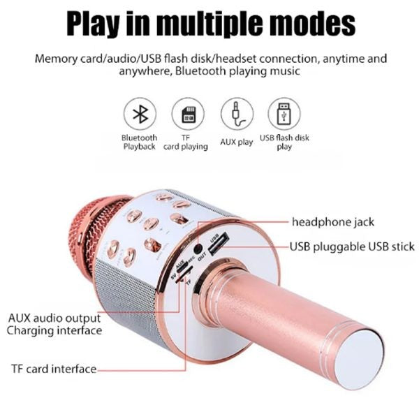 WS-858 Wireless Bluetooth Karaoke Handheld Microphone USB KTV Player Bluetooth Mic Speaker Record Music (Rose Gold)