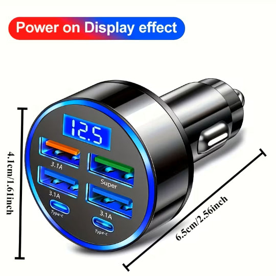 Fast Charging Car Adapter with 6 Ports 4 USB Ports & 2 Type-C Ports a Digital Screen 3.1A Rapid Charging