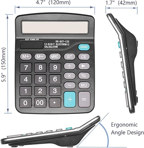 Calculators, KK-837-12S Standard Function Desktop Calculator, 12 Digit Large LCD Display, Battery and Solar Powered