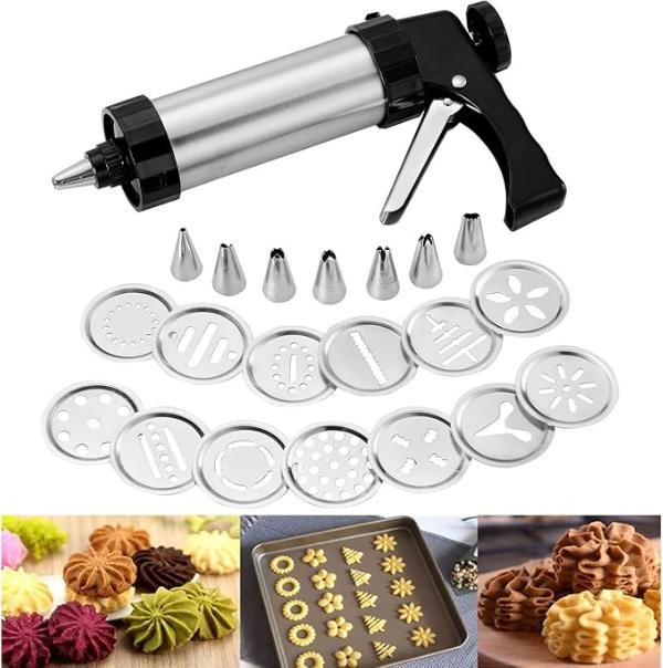 Cookie Press,Stainless Steel Icing Decoration Press Gun Kit with 13 Cookie Mold Discs 8 Piping Nozzles for Home DIY Biscuit Maker and Cake Decorating Tool