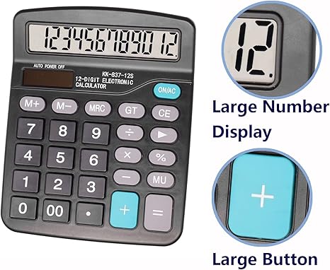 Calculators, KK-837-12S Standard Function Desktop Calculator, 12 Digit Large LCD Display, Battery and Solar Powered