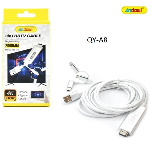 Andowl Cable HDMI male to USB - Micro, Type-C, Lightning 2m QY-A8 White 