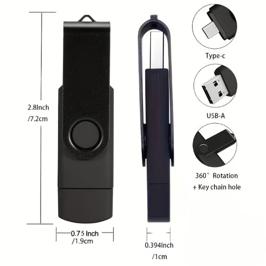 USB 2.0 Type-C Flash Drive 128GB High-Speed Memory Stick, Durable Metal Casing, Black