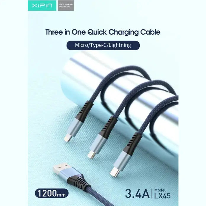 XiPin LX-45 3.4A Metal Nylon 3 in 1 Quick Charging Cable Lightning/Micro/Type-C 1.2M 