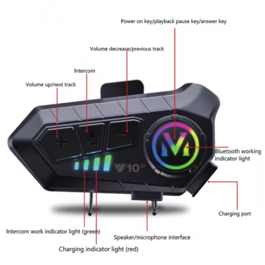 V10 2x Helmet Wireless Phone Connection for 2 People With Bluetooth In Black