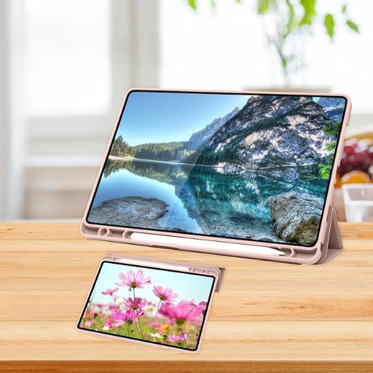 Jteach TPU Back Tri-fold Flip Cover Stand Book Cover Case with Pencil Holder For Samsung Galaxy Tab A9 Plus (Rose Gold)