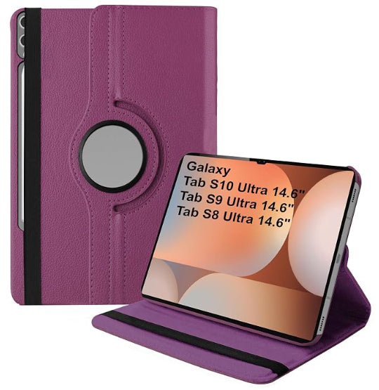 Smart Book Case 360° Rotating Cover For Samsung Galaxy Tab S10 Ultra / Tab S9 Ultra / Tab S8 Ultra 14.6" (Purple)