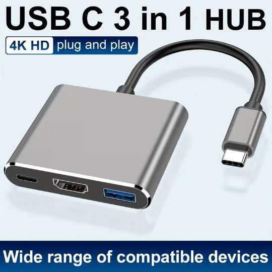 3-in-1 USB C Hub Thunderbolt 3 to HDTV 4K Output, USB 3.0 Port & 60W PD Charging - Compact Metal USB-C Adapter