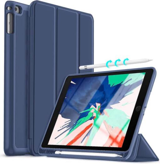 Jteach Slim TPU Back Trifold Stand Tablet Book Cover Case with Pencil Holder for iPad 10.2" 9th Gen (2021) 8th Gen (2020) 7th Gen (2019) Dark Blue