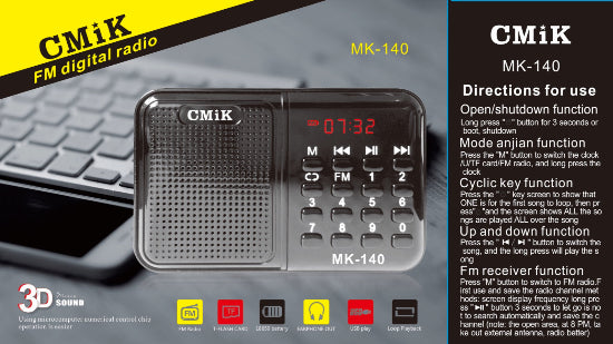 CMiK MK-140 Portable Mini Radio Rechargeable with USB - Black