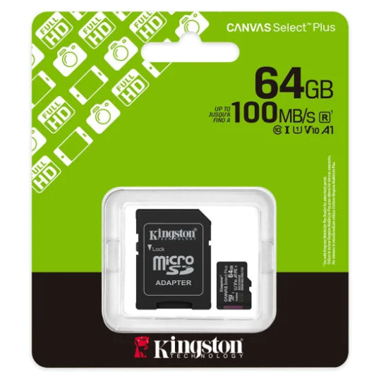 Kingston 64GB Canvas Select Plus 100MB/s UHS-I U1 class 10 V10 A1 microSD memory card