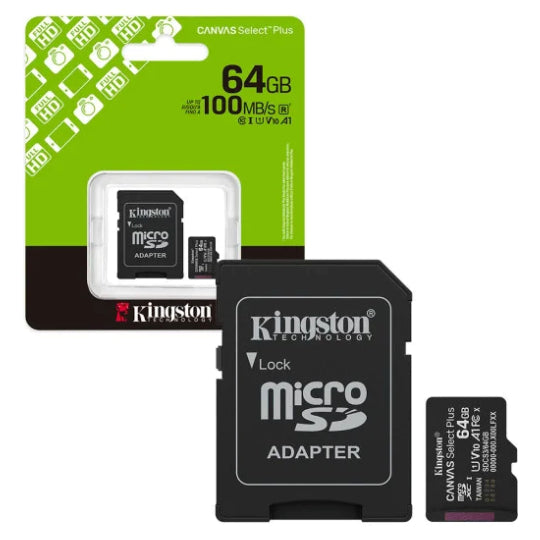 Kingston 64GB Canvas Select Plus 100MB/s UHS-I U1 class 10 V10 A1 microSD memory card