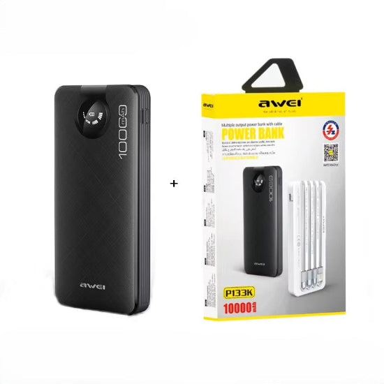 Power bank Awei  10000mah Multiple Output Powerful Power Bank With Cable Type-C, Lightning, Micro-USB, USB-A (P133k)