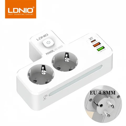 LDNIO 20W USB PD 5-port charger with 2 EU outputs+2USB-A+USB-C PD QC3.0 fast charging & LED light SE2337