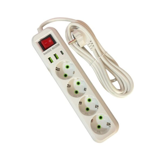 ZORRO 4-Slot Power Strip with 2 USB Ports and 1 Type-C Port with Overload Protection Switch K24U 2500W