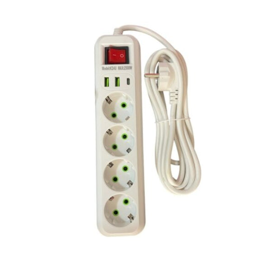 ZORRO 4-Slot Power Strip with 2 USB Ports and 1 Type-C Port with Overload Protection Switch K24U 2500W