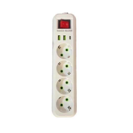 ZORRO 4-Slot Power Strip with 2 USB Ports and 1 Type-C Port with Overload Protection Switch K24U 2500W