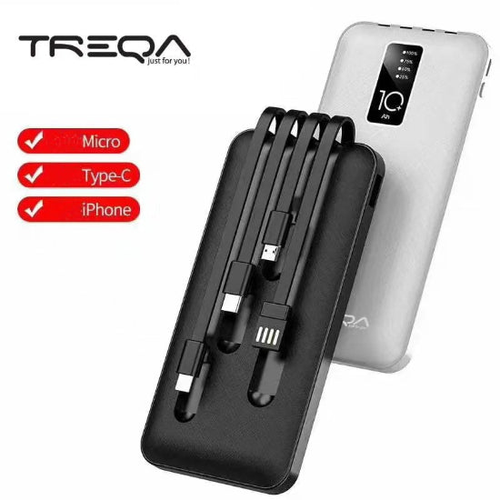 Treqa TR-931 Power Bank 10000mAh with built-in charging cables & USB-A port