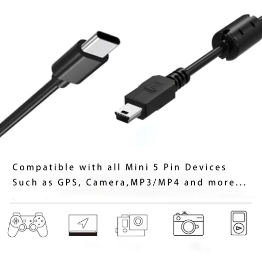 0.5-meter Mini 5Pin to Type-C OTG Data Cable, Supporting Charging Black