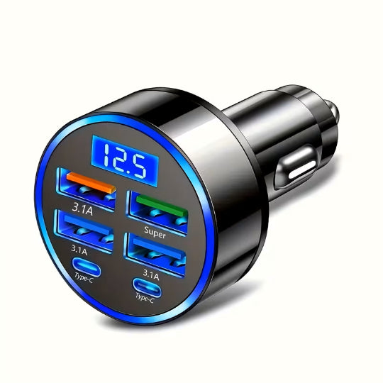 Fast Charging Car Adapter with 6 Ports 4 USB Ports & 2 Type-C Ports a Digital Screen 3.1A Rapid Charging