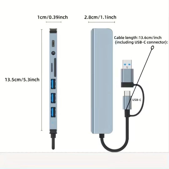 8-In-2 Multi-Function Hub, USB & TYPE-C Ports, Featuring USB 3.0 + USB-C + SD/TF + 3.5Mm Audio.