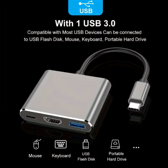 3-in-1 USB C Hub Thunderbolt 3 to HDTV 4K Output, USB 3.0 Port & 60W PD Charging - Compact Metal USB-C Adapter