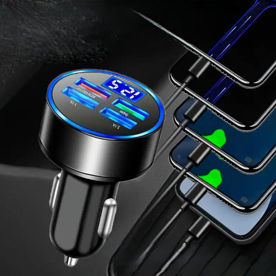 4-in-1 Fast Car Charger Adapter with Digital Display 4 USB Ports Compatible Car Charger