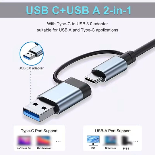 8-In-2 Multi-Function Hub, USB & TYPE-C Ports, Featuring USB 3.0 + USB-C + SD/TF + 3.5Mm Audio.