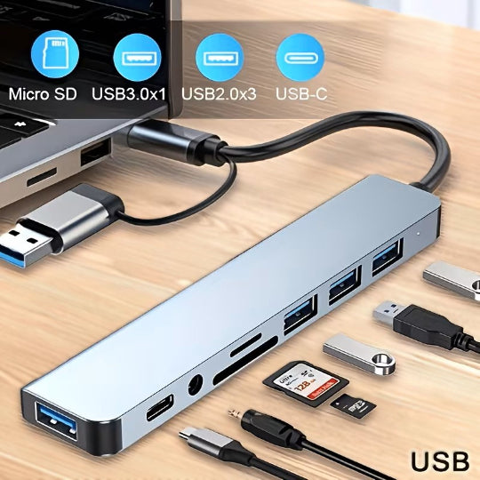 8-In-2 Multi-Function Hub, USB & TYPE-C Ports, Featuring USB 3.0 + USB-C + SD/TF + 3.5Mm Audio.