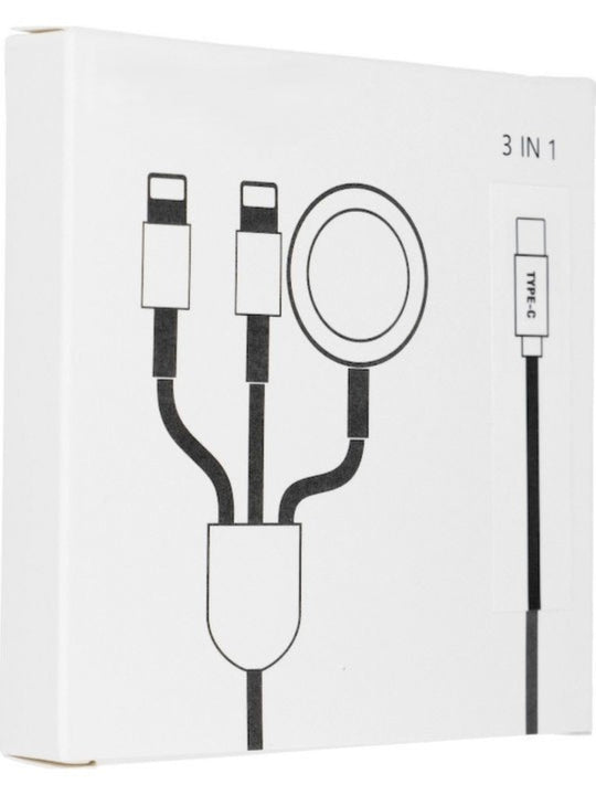 3-in-1 Charging Cable for Type-C to 2x Lightning & Apple Watch, 1.2m, White