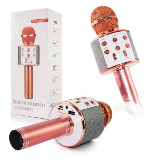 WS-858 Wireless Bluetooth Karaoke Handheld Microphone USB KTV Player Bluetooth Mic Speaker Record Music (Rose Gold)