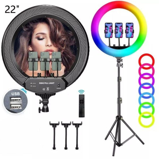 MJ56 22 Inch RGB Selfie Ring Light With Tripod Stand 210cm&3 Cell Phone Holder&Remote Control 2Usb Ports 22 inch RGB ring light