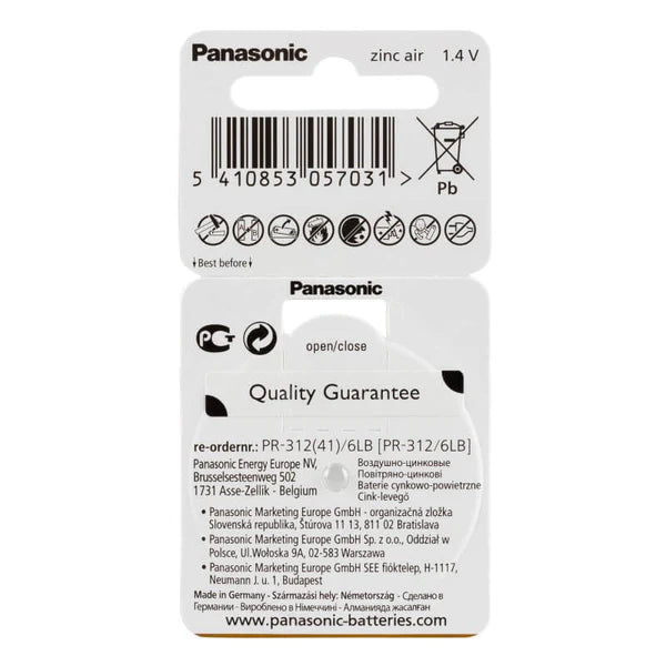 Panasonic Size 312 P312 PR41 Zinc Air 1.45V Hearing Aid Batteries