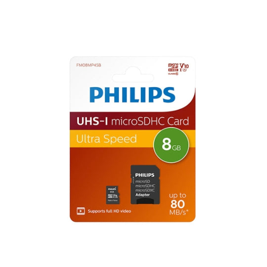 Philips microSD with adapter, UHS 1, class 10, 8GB