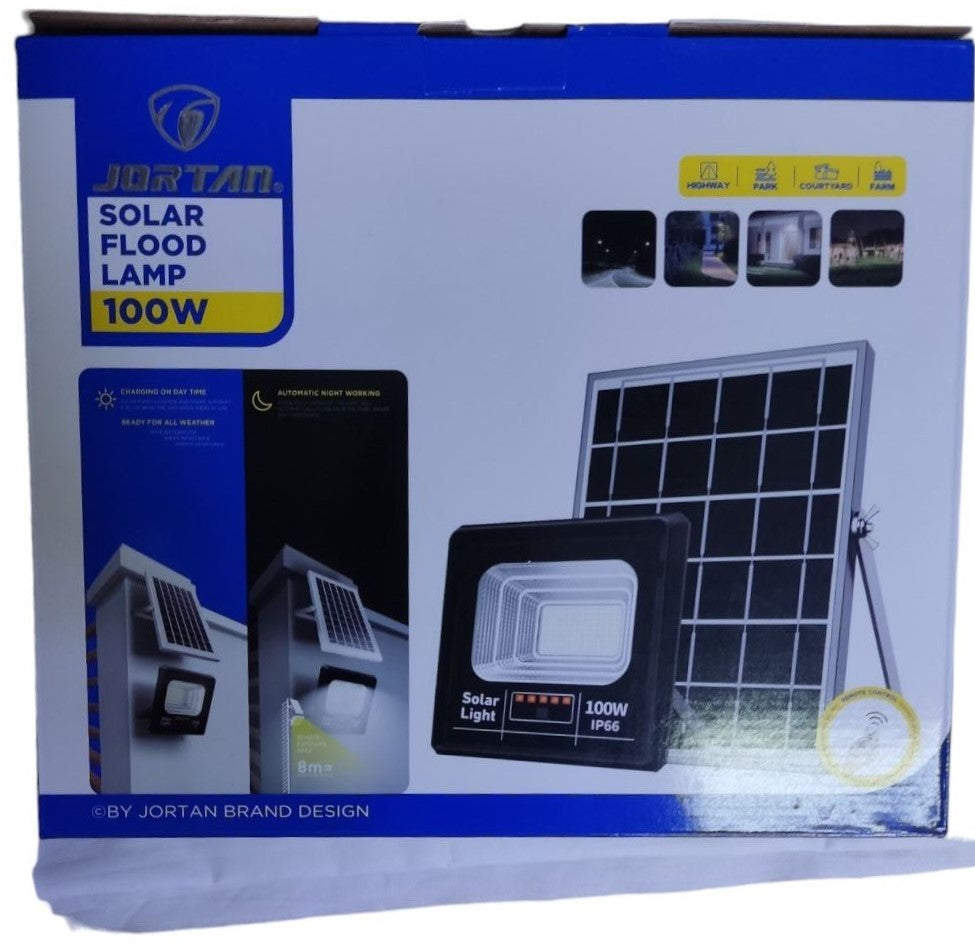 JORTAN IP66 Waterproof Solar Flood Light 100W Power With Remote Control And Cool White Light In Black Color